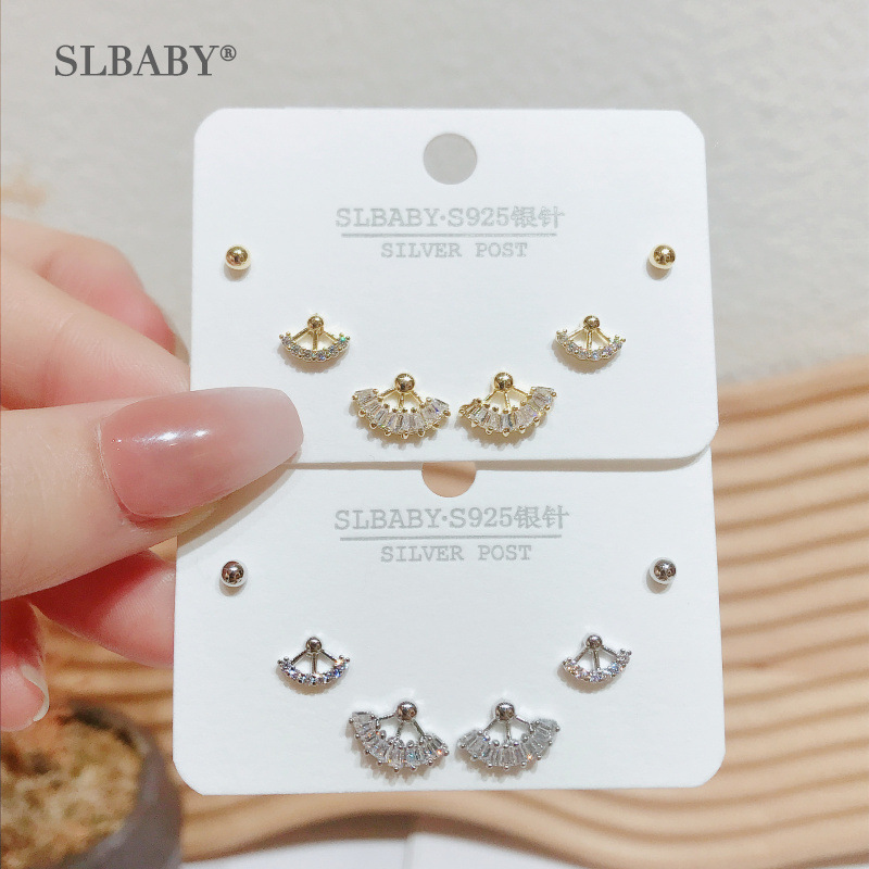 S925扇子锆石耳钉纯银女欧美轻奢简约耳环小众设计感耳饰批发流苏