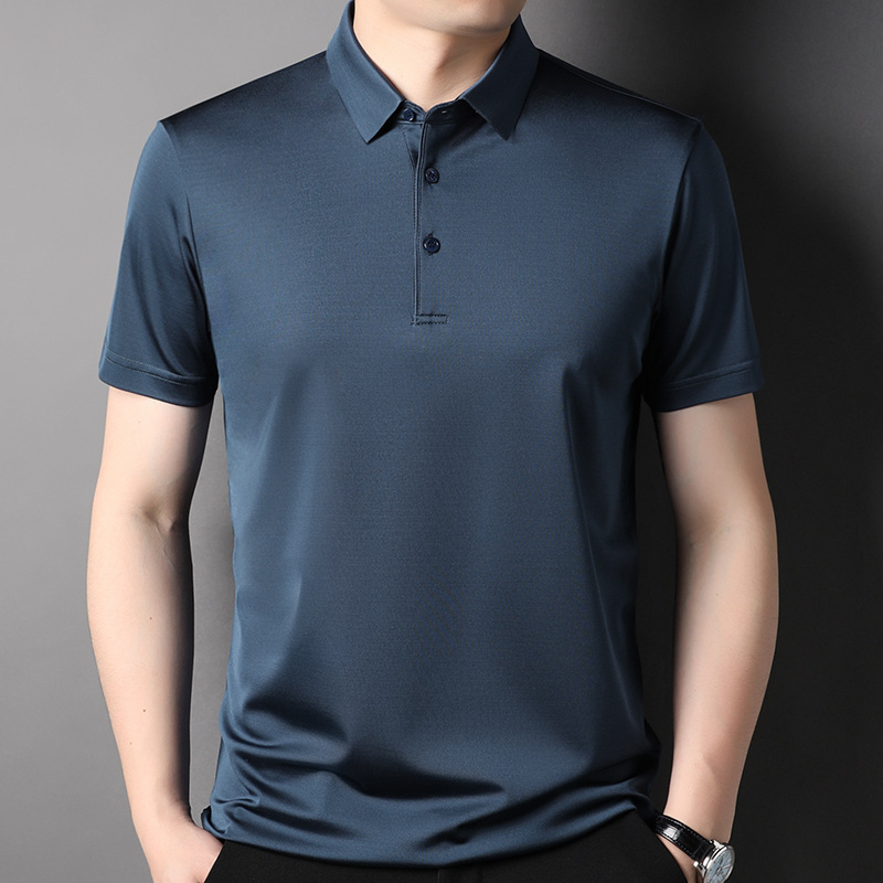 The new summer Korean-style casual lapel mulberry silk T-shirt for men is versatile and stylish. It's a trendy thin short-sleeved T-shirt details Picture