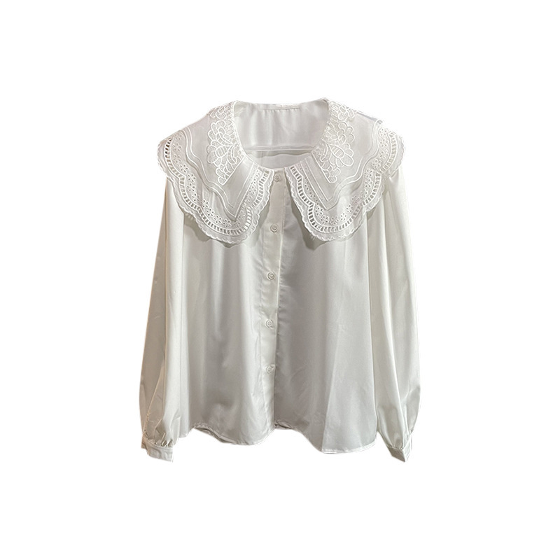 White Doll Collar Shirt Female 2023 Spring And Autumn New French Design Sense Of Small Shirt Hook Flower Lace Collar Blouse Item Picture