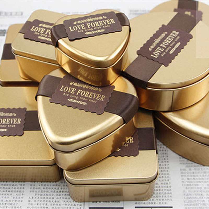 Wholesale style gold matte tinplate box, simple wedding candy box packaging, ribbon card, festival gift box details Picture