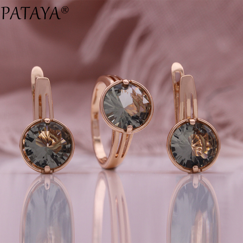 PATAYA Tea Green round zircon earrings and rings set, 585 rose gold exquisite women's fashion jewelry