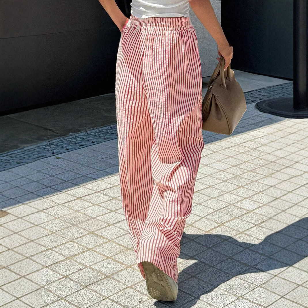 2024 Amazon, ebay, AliExpress, wish, European and American women's striped loose waist adjustable drawstring casual pants Application Scenario