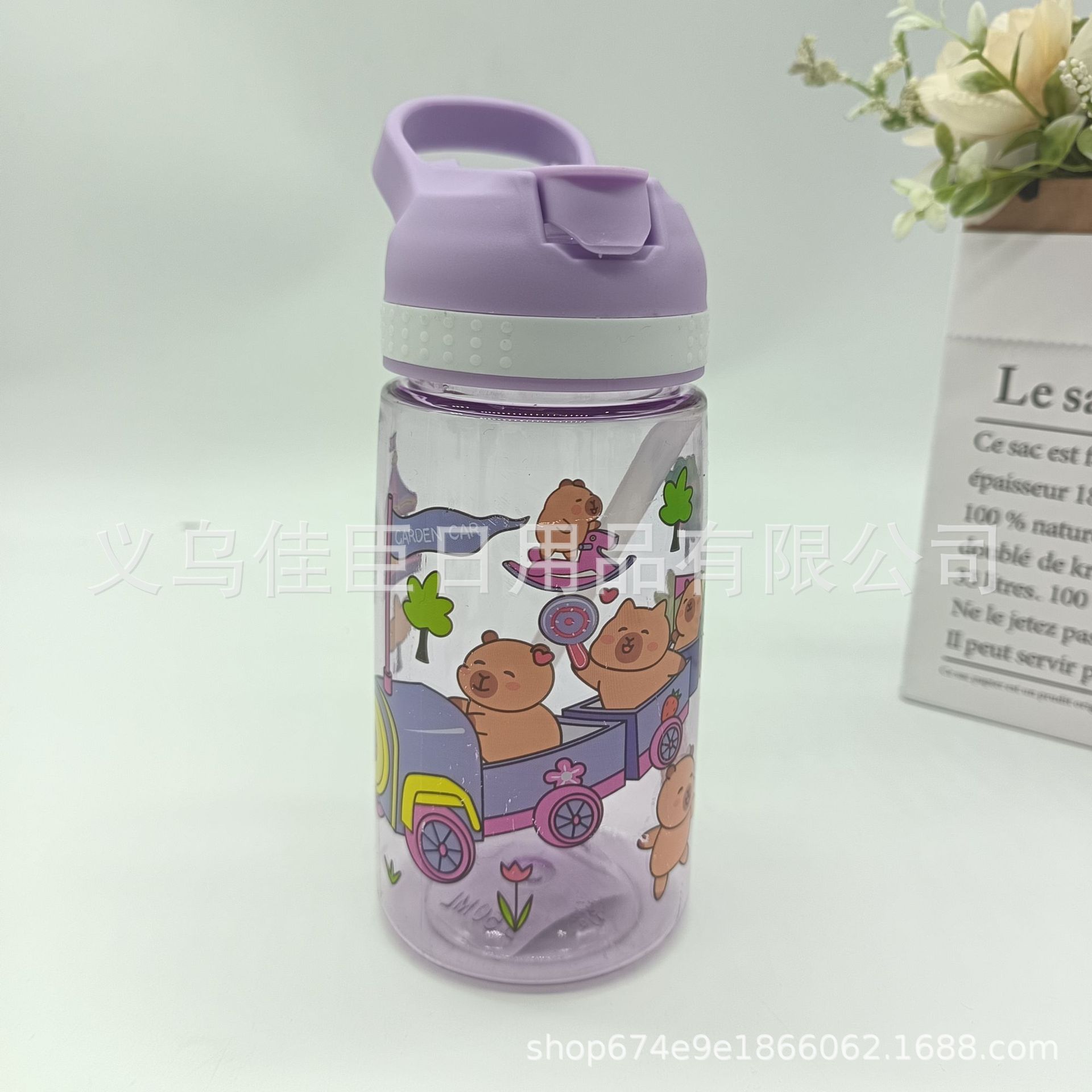 Portable straw cup 25 New model with high appearance level, cute double-drinking water cup with Capibara pattern, student and children's water cup Specification drawing