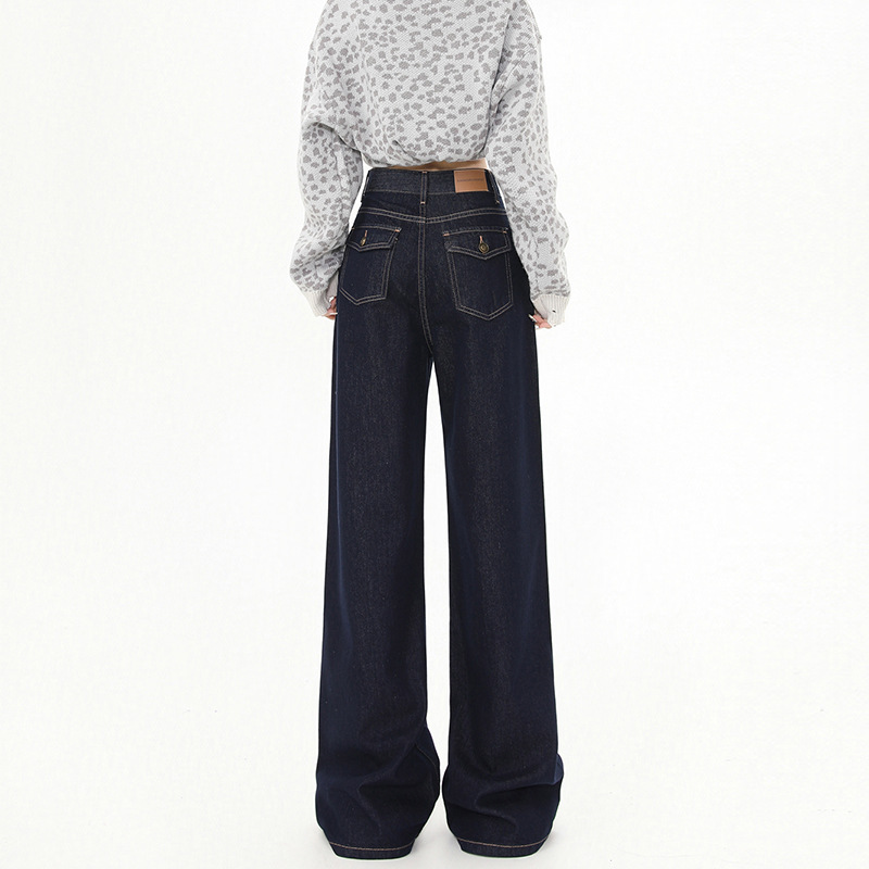 Denim deep blue natural-color jeans for women 2024 autumn/winter, loose, narrow, wide-leg, high-waist, slimming, laid-back, floor-length pants Specification image