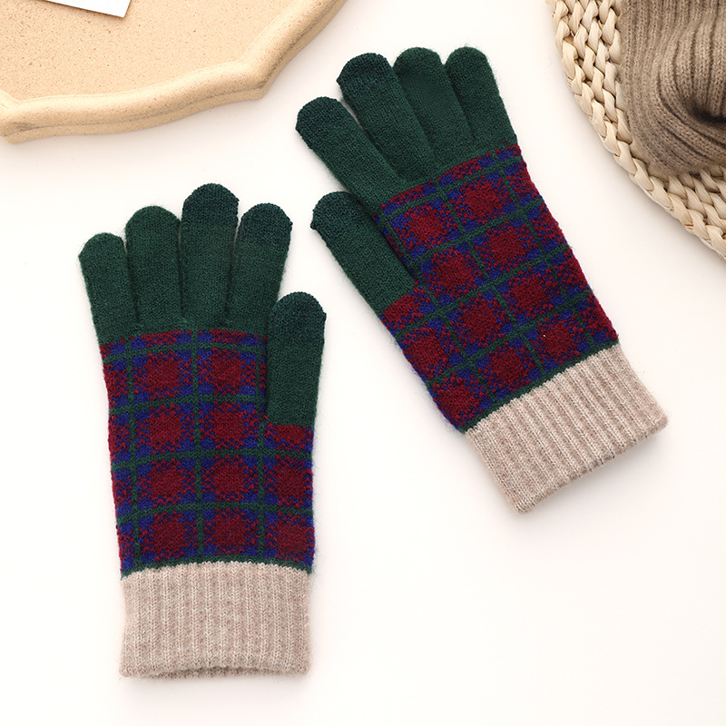Otoño invierno adulto guantes calientes tejer jacquard tartan patchwork color plus peluche protección contra el frío pantalla táctil lana guantes de dedos divisores Application Scenario