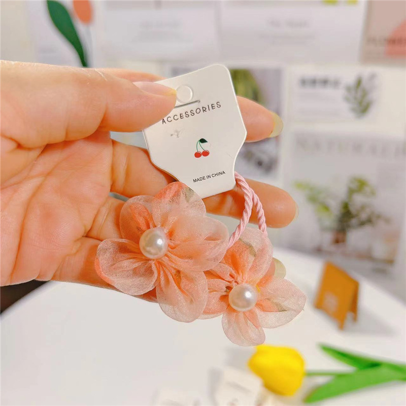 New Seersucker Five Flower Pearl Children's Scrunchie Girls' Hair Accessories Chitter Baby Hair Accessories Head String Leather Band Specification drawing