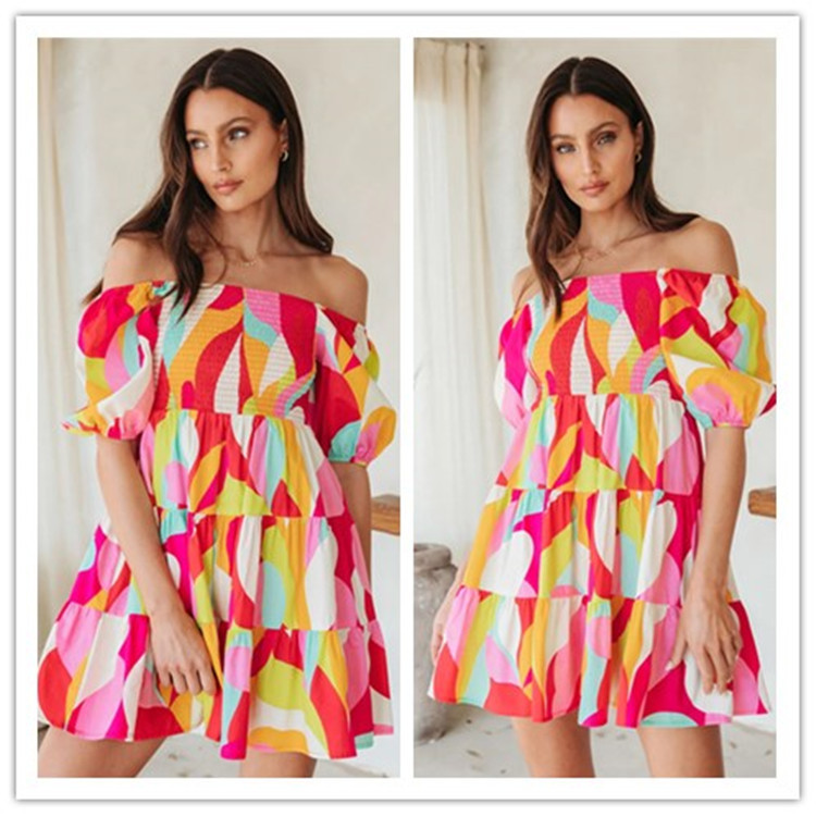 2025 Amazon Independent Store European and American one-neck pullover geometric pattern ladylike sweet loose short-sleeved dress full figure