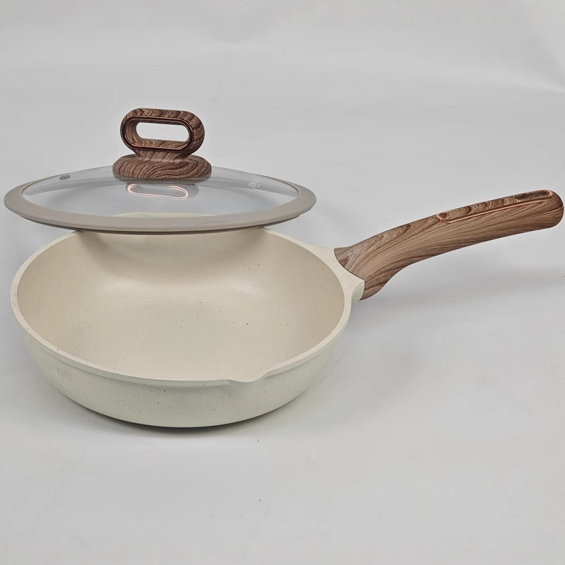 New wood-grain handle frying and stir-frying pan, tourmaline smokeless stir-frying pan, non-stick pan, universal thickened double-bottom health pot Specification image