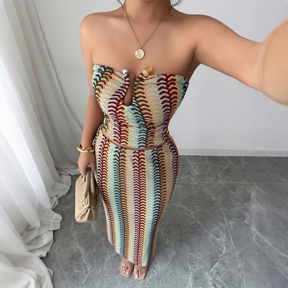 Cross-border European and American elegant strapless top, hip-hugging long dress set for women's clothing 2026 Amazon fashionable and independent