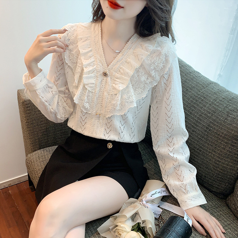 French lace V-neck early autumn chiffon shirt for women's autumn 2022 new long-sleeved, unique and stylish Specification image