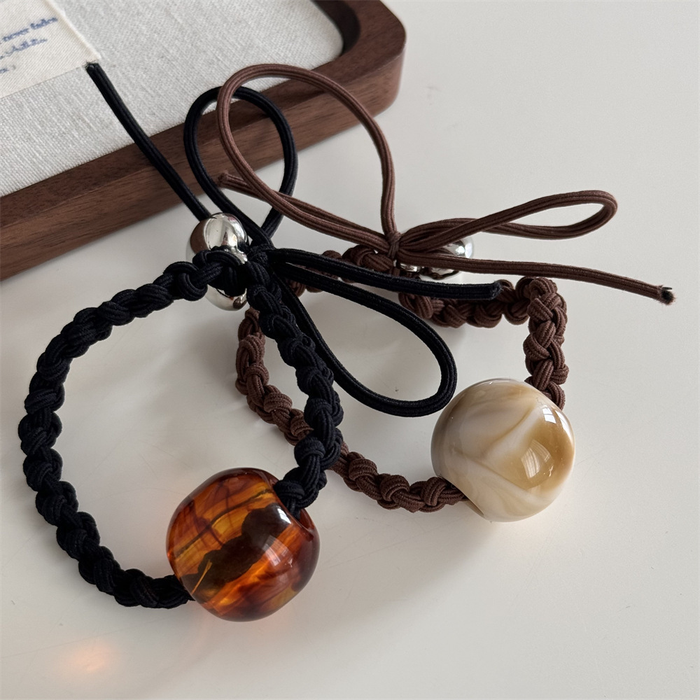 Fresh and cute heart-shaped round bead hair tie, woven rubber band, women's hair tie, high-elasticity hair band leather