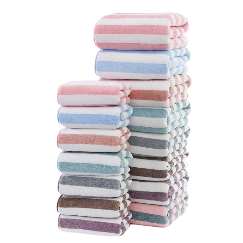 Yiwu quality goods: Striped towels, bath towels, coral fleece cover towels, men's and women's daily household use gifts, soft absorbent beach towels Item Picture