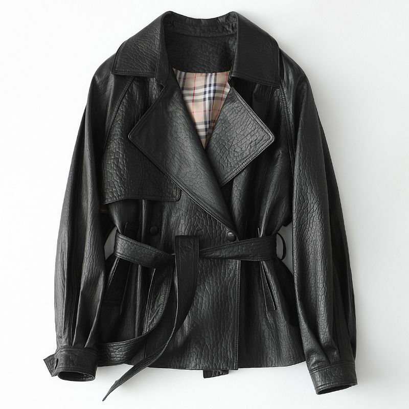 100 sheep short women's coat Korean version lace-up waist leather woman 2022 autumn/winter new black leather woman thumbnail