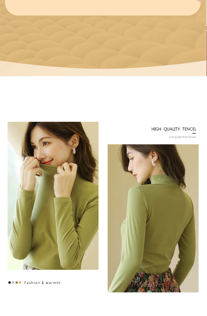 This autumn and winter bestseller is a solid-color semi-high-neck base layer T-shirt made of German velvet, which is suitable for women's heating and warmth. It can be worn as an inner layer or outer layer Item Picture