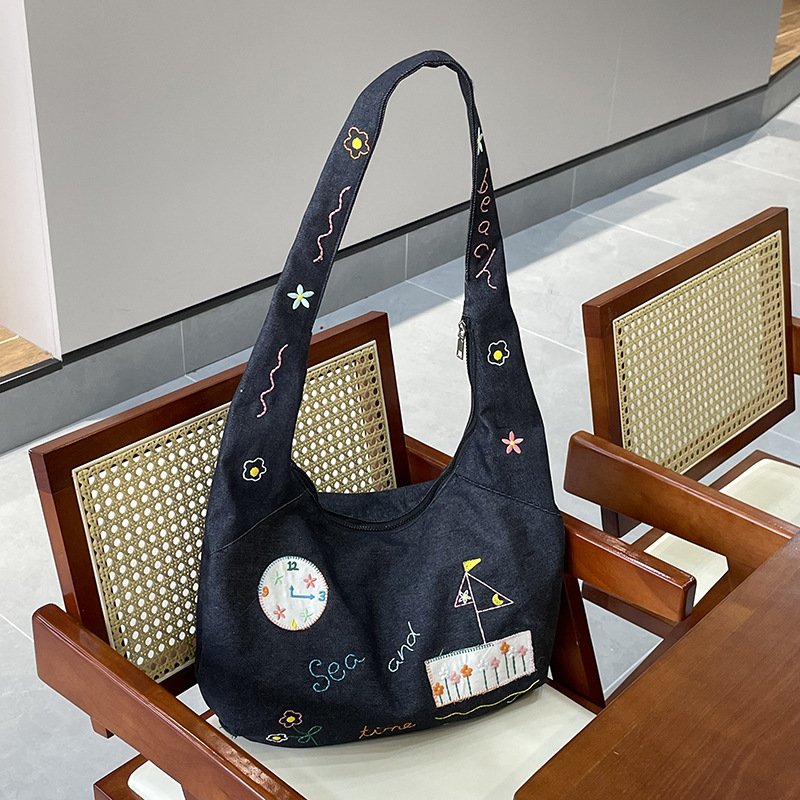 ins新款小插画牛仔斜挎包包女百搭大容量单肩包袋口拉链学生书包