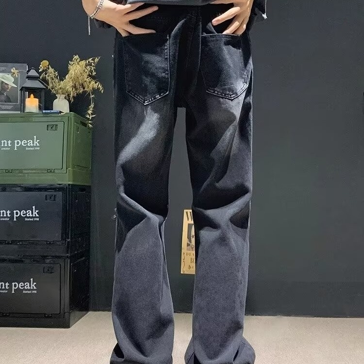 American high street slightly flared jeans for men's summer, a thin and trendy brand, straight-leg, distinctive, ripped vibe pants, 2024 new style Application Scenario