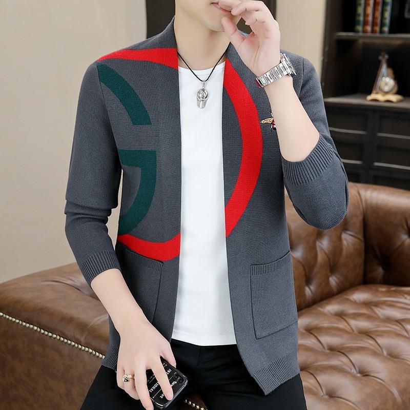 2022 Spring and Autumn new knitted cardigan men's Korean-style trendy printed coat casual buttonless cape top details Picture