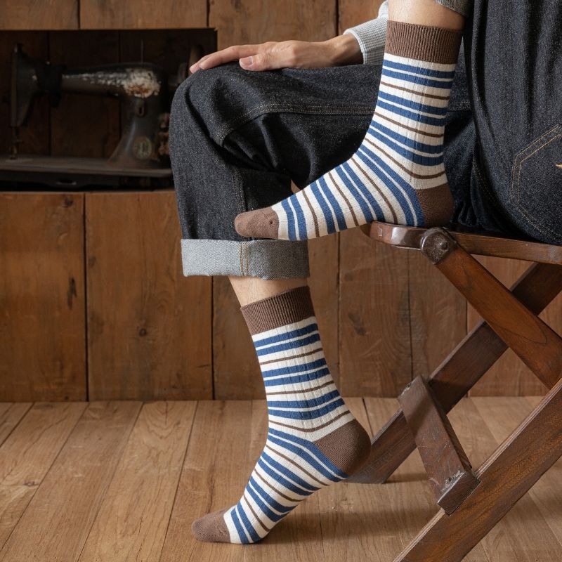 春季爆款男士棉质袜子批发双针横条纹拼色休闲运动舒适透气中筒袜