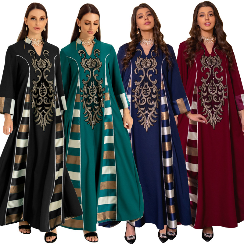 AB052跨境外贸中东女装绣花条纹abaya穆斯林阿拉伯迪拜muslim长袍详情图1