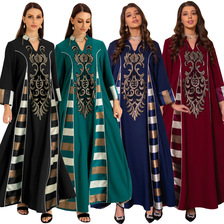 AB052跨境外贸中东女装绣花条纹abaya穆斯林阿拉伯迪拜muslim长袍