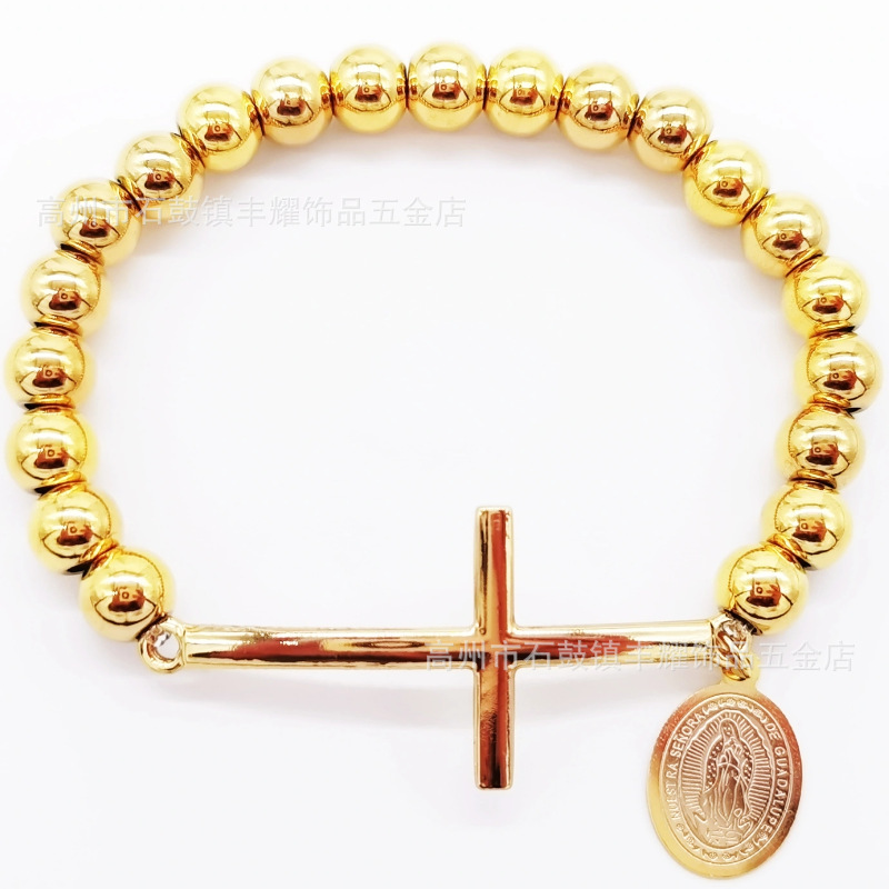 跨境热卖8mm不锈钢串珠加十字架弯牌手链圆珠手链diy弹力绳手链详情23
