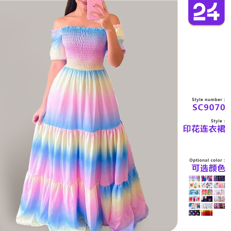 2025跨境新款春夏欧美女装连衣裙 一字肩碎花时尚露肩长款 印花裙