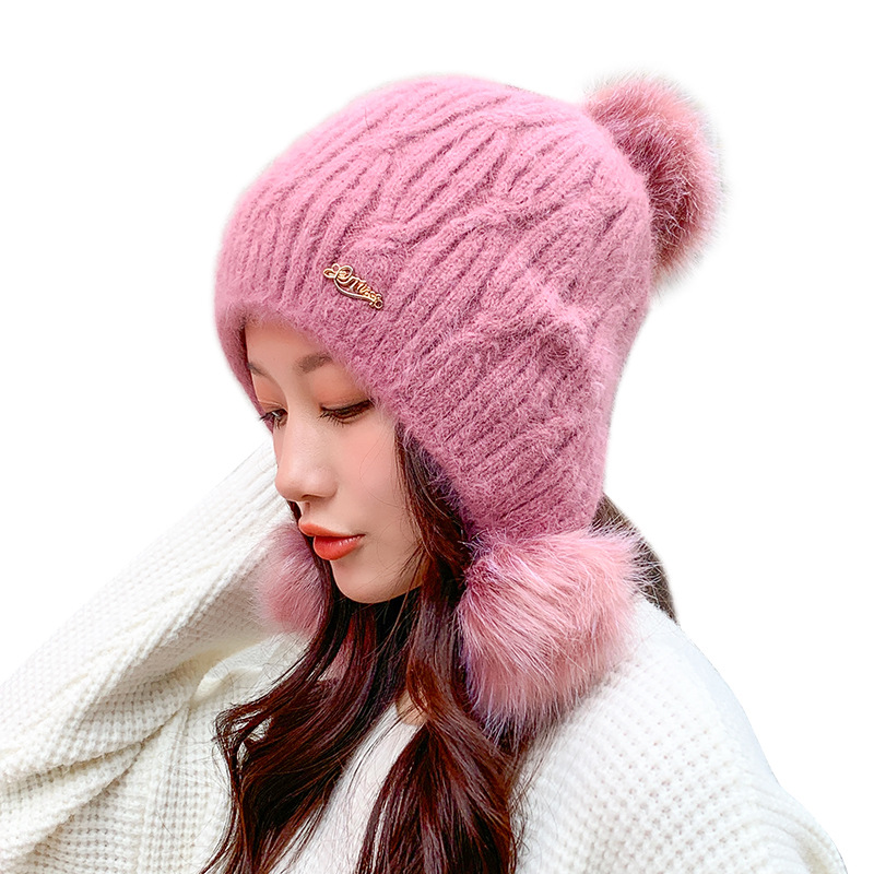 秋冬季新款韩版女士户外加绒保暖针织毛线帽甜美毛球纯色套头帽子详情图5
