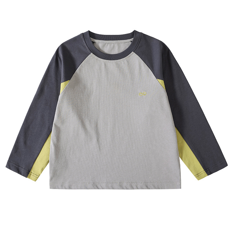 Boys' long-sleeved pure cotton T-shirt for autumn 2025 new style, color-blocking and patchwork children's round-neck top base layer Item Picture