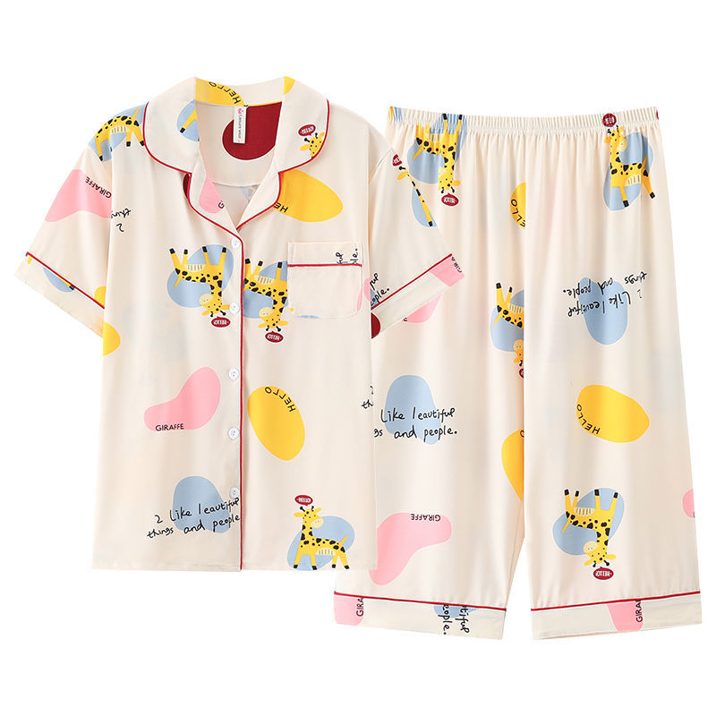 春夏睡衣女夏季短袖七分裤韩版开衫套装夏天少女士家居服外穿
