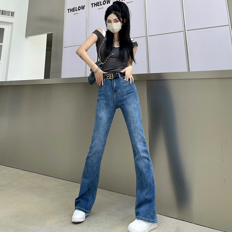 Trendy and hot girl jeans for women's autumn and winter, high-waisted, slimming, tight, elastic, slightly flared pants with a belt