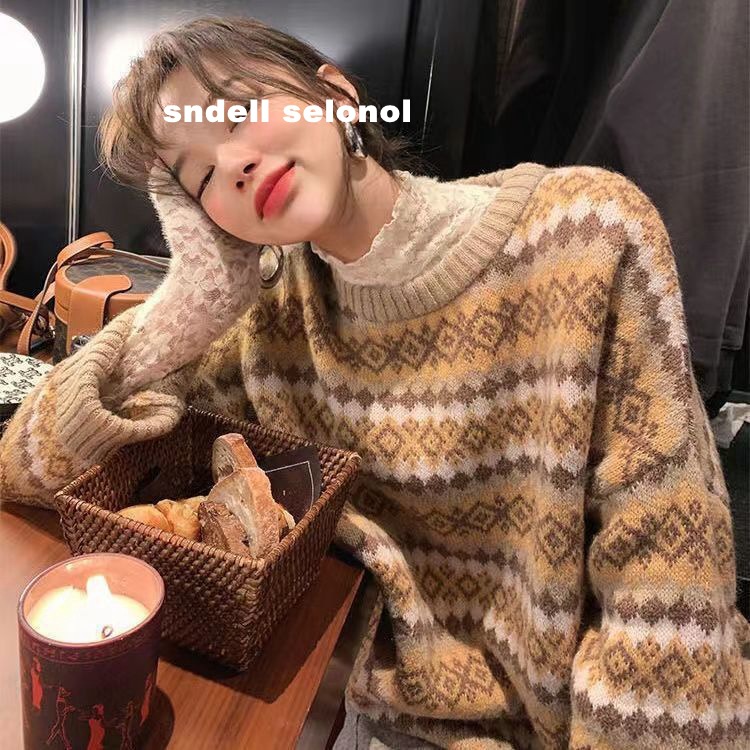 2022 Autumn And Winter New Korean Version Of Thick Sweater Women Loose Design Sense Knit Retro Pullover Casual Diamond Check Tide details Picture