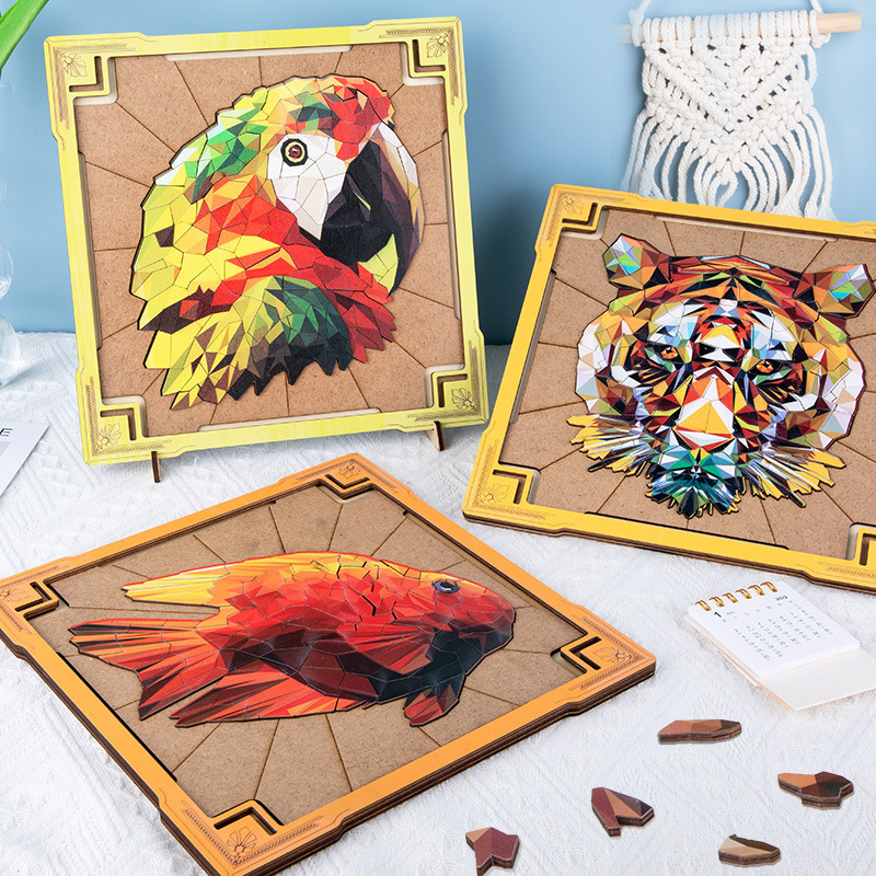 狮子狼异形木质拼图不规则立体动物拼图厂家木制拼图跨境拼图玩具图