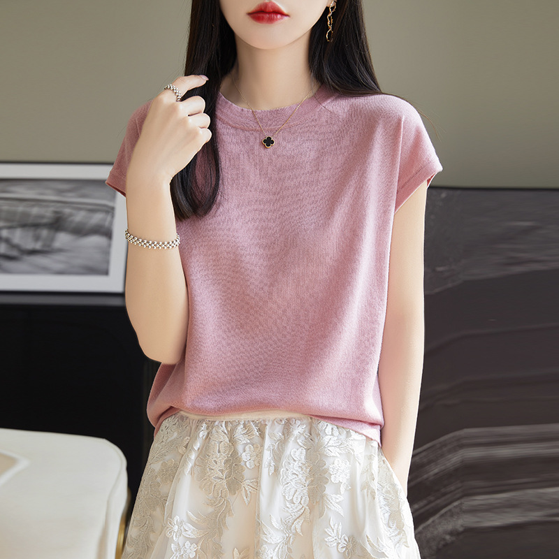 Lyser round-neck top Tencel knitted short-sleeved T-shirt for women's Summer 2025 solid color base layer wholesale breathable and comfortable Specification image
