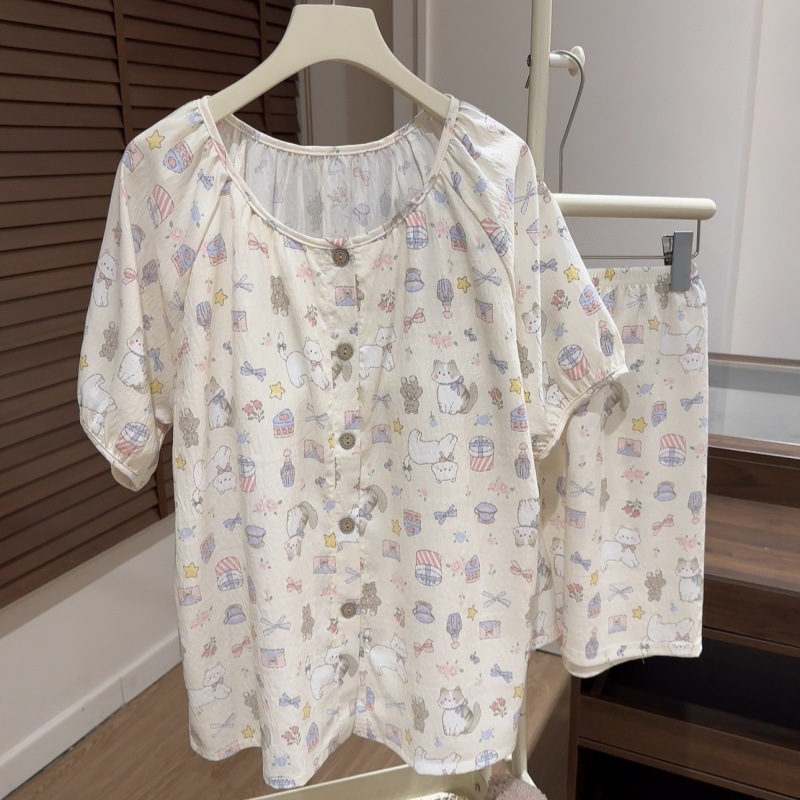 香龄家纺 带胸垫云朵棉短袖短裤睡衣女套装加大码220斤家居服