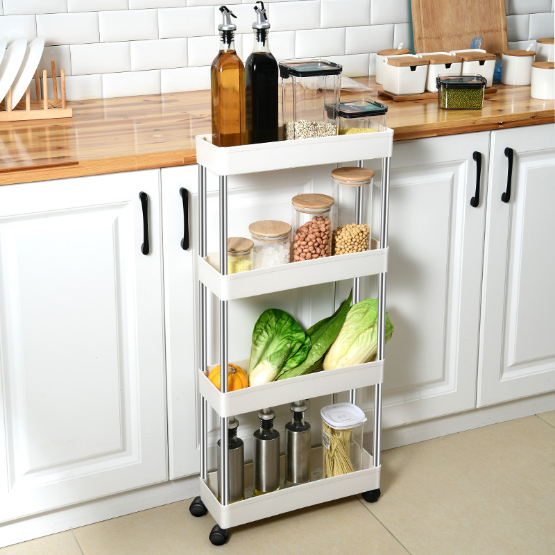 Narrow movable storage rack, kitchen floor-standing storage rack, multi-layer wheeled bathroom plastic rack