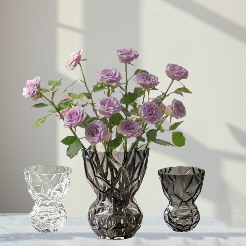 美学北欧小众山谷纹理烟灰透明 高品质宽口水培鲜花玻璃花瓶批发