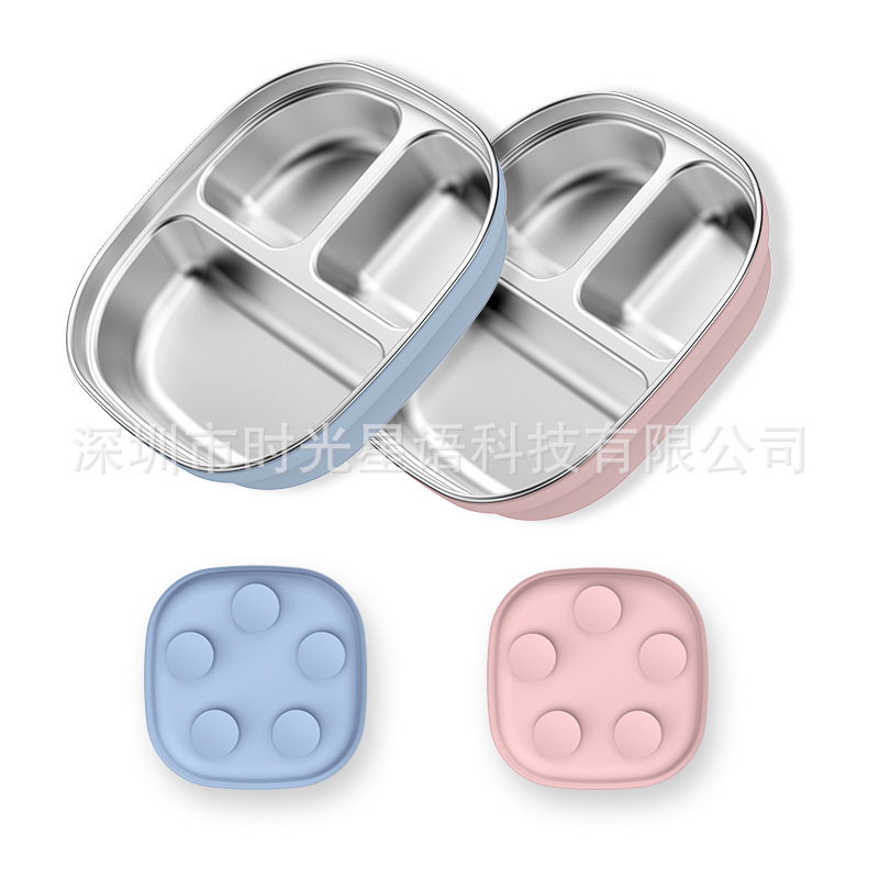 Cross-border small-sized square children's dinner plate, stainless steel silicone tableware with high suction cup, anti-drop, food-grade material full figure