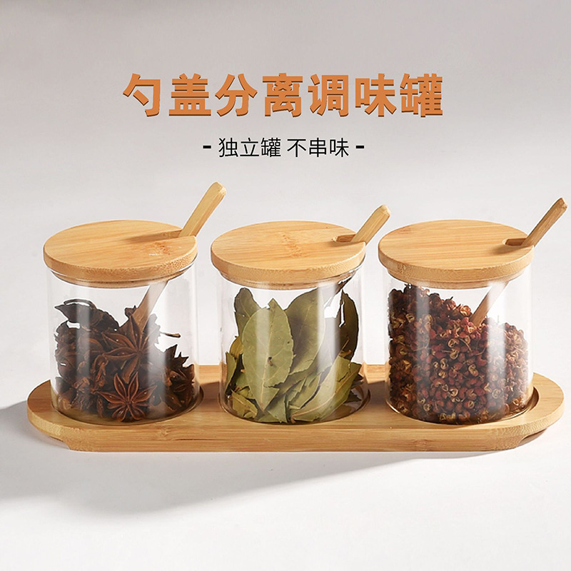 Kitchen seasoning box Household seasoning pot with spoon seasoning pot combination wholesale food grade glass bottle seasoning box Specification drawing