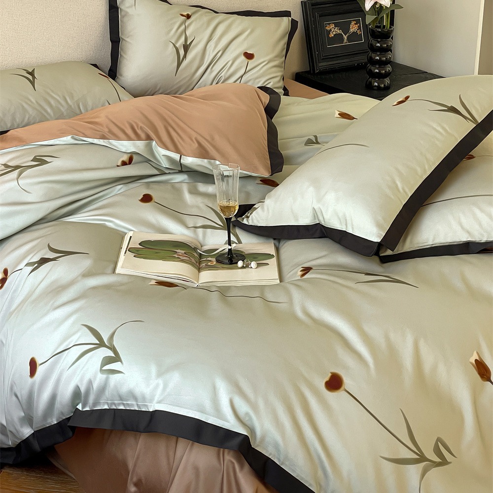 French light luxury style Tencel cotton four-piece set, ice silk cool bed sheet and duvet cover, spring and summer nude sleep skin-friendly bedding