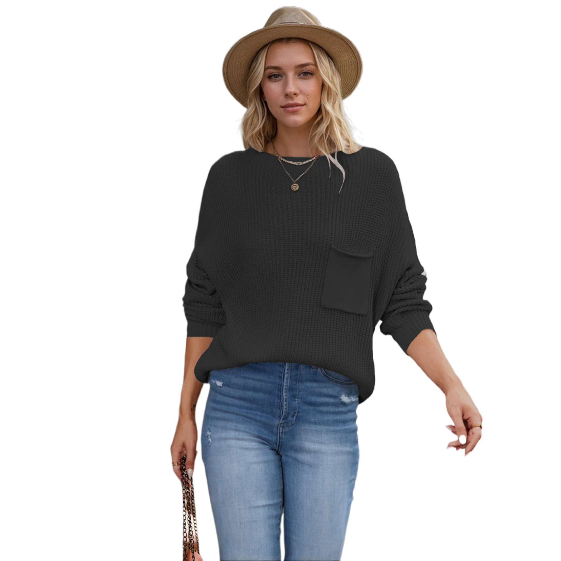 In the winter of 2025, Amazon is selling solid-color chic pocket-decorated round-neck women's base knitted sweater pullovers details Picture