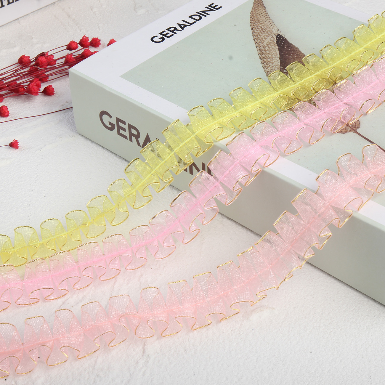 2cm double gold border snow gauze with center line pleated lotus leaf fish bone toy hair accessory, discounted lace Application Scenario