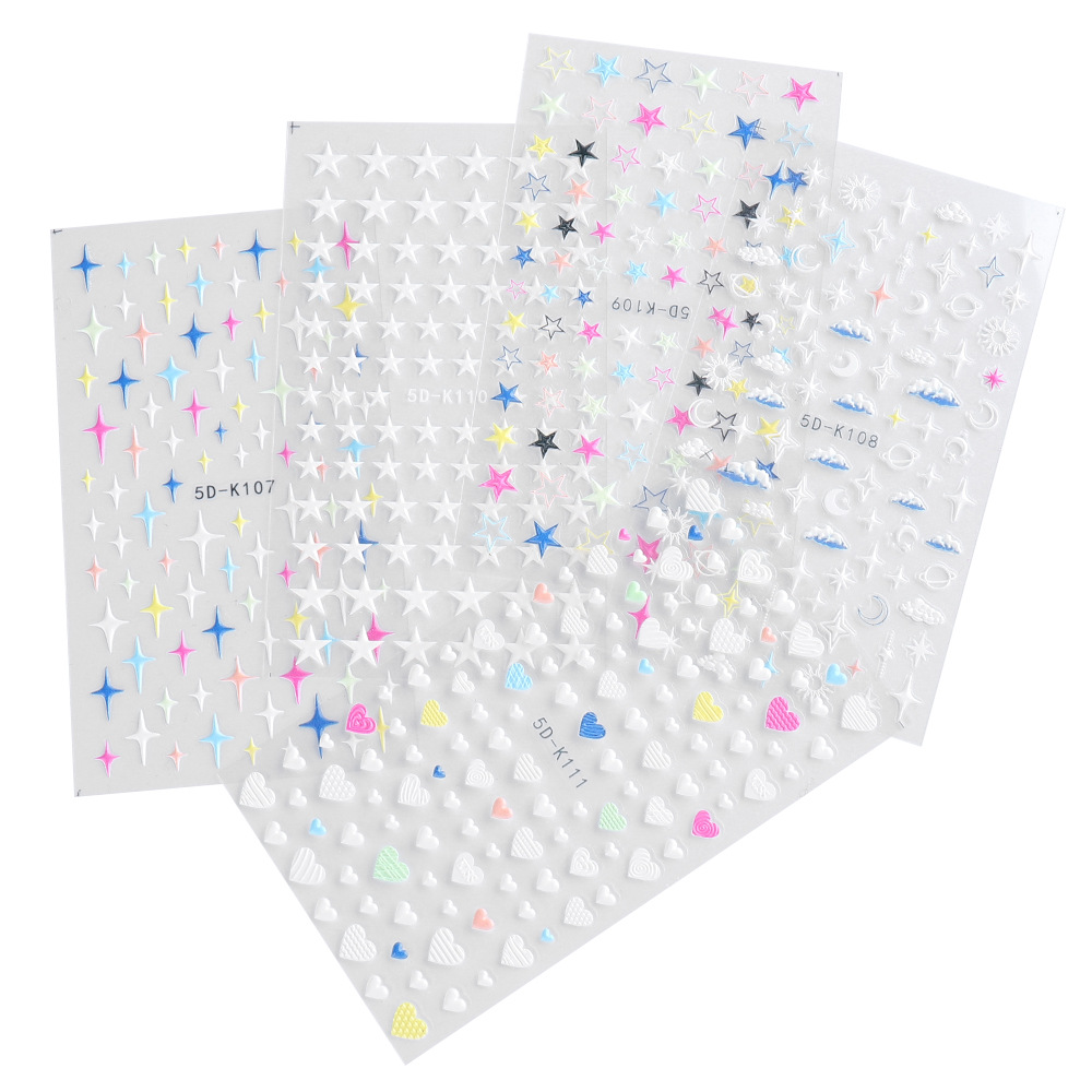 New cross-border nail stickers: 3D 5D embossed star, moon, cloud, five-pointed star, heart shape, self-adhesive nail stickers Item Picture