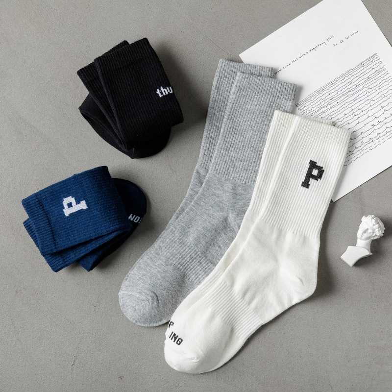 Women's mid-calf socks with p letters, trendy ins grey high-top men's sports long calf socks, pure cotton autumn and winter internet-famous style Specification image