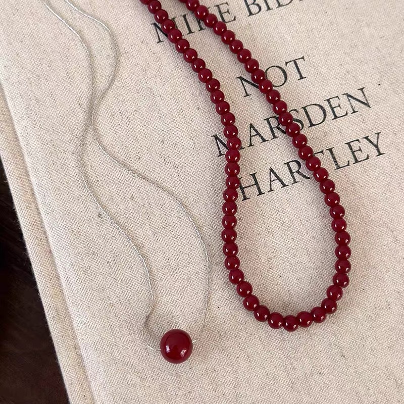 New Chinese-style Ankela red beaded necklace, natural agate beaded light luxury high-end autumn and winter versatile earrings and earrings pic 9