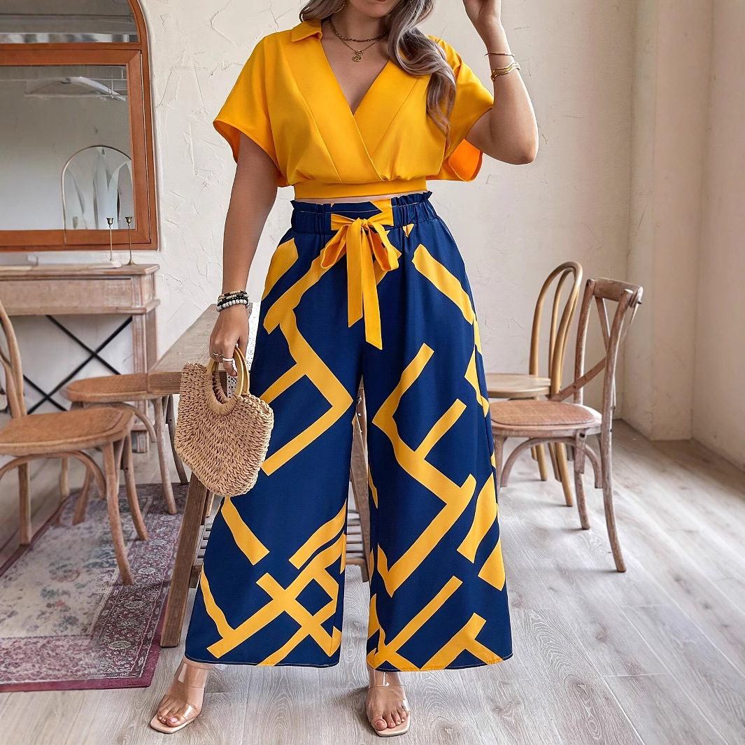 Two-piece V-neck short-sleeved top and printed long pants set for women on Amazon independent station of cross-border plus-size women's clothing from Europe and America Specification drawing