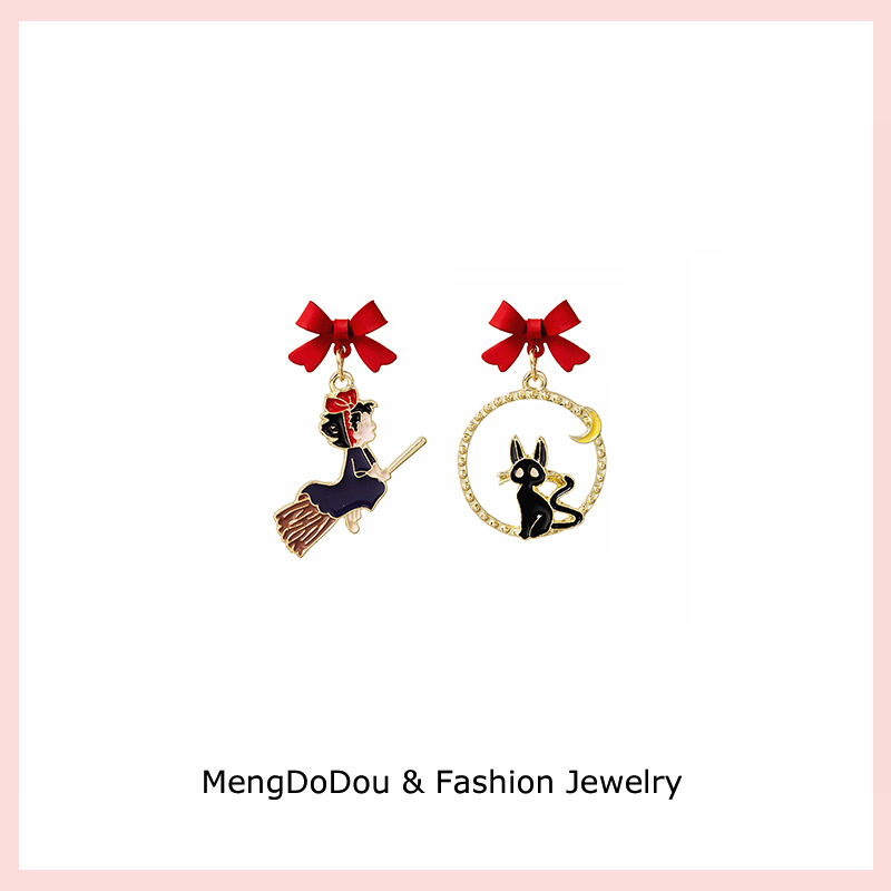 Silver Needle Day is a small anime earring magic girl with black cat earrings cartoon color matching girl cute earrings