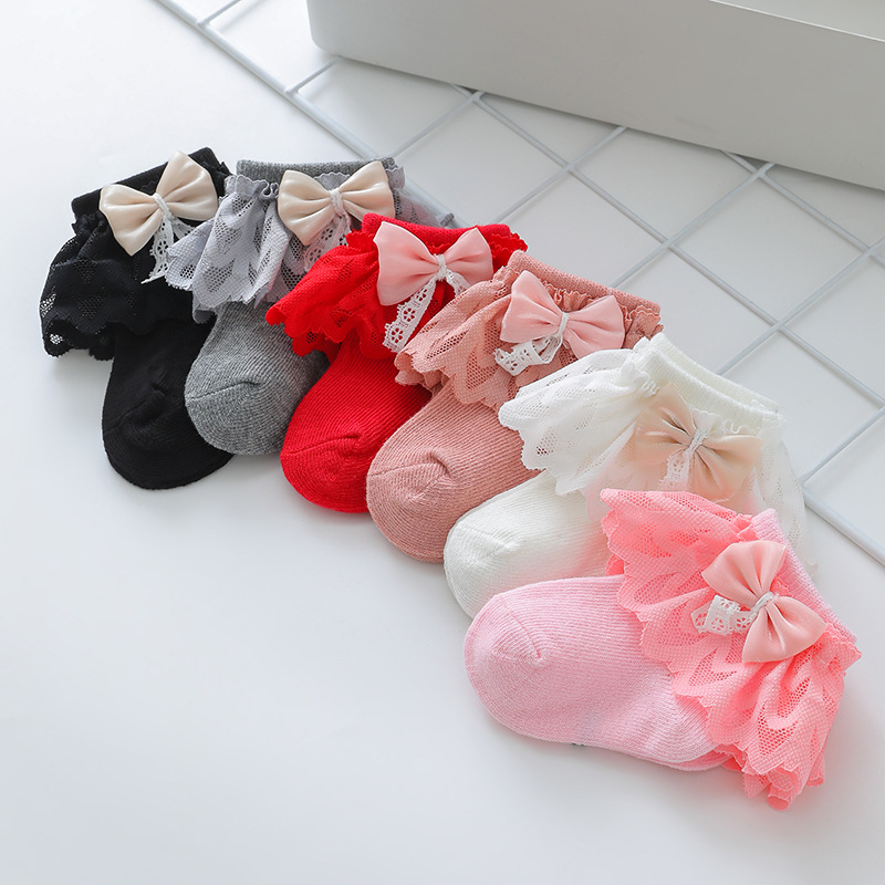 女童袜子春秋洋气韩版儿童花边袜蕾丝宝宝公主袜大红色婴儿满月袜