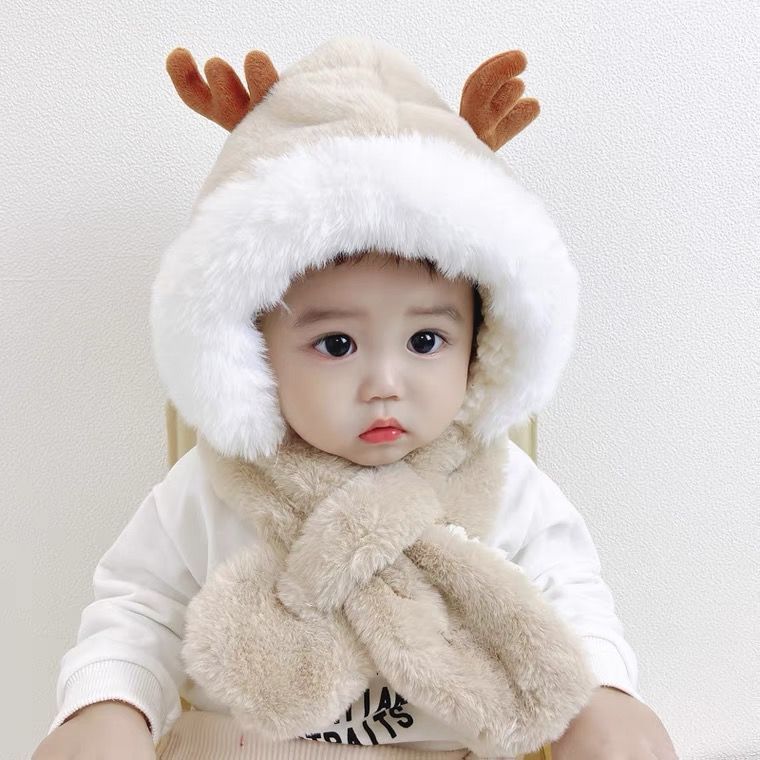Autumn And Winter Children's Hats Scarf One Warm Santa Hat Baby Ear Protection Small Antler Hat Plush Hats For Boys And Girls details Picture