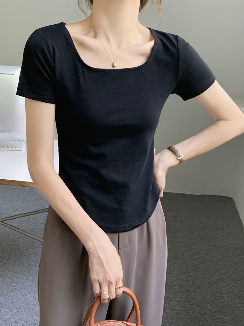 260g甄选纯棉T恤女夏短袖2026新款不规则弧形修身显瘦U领打底上衣详情10