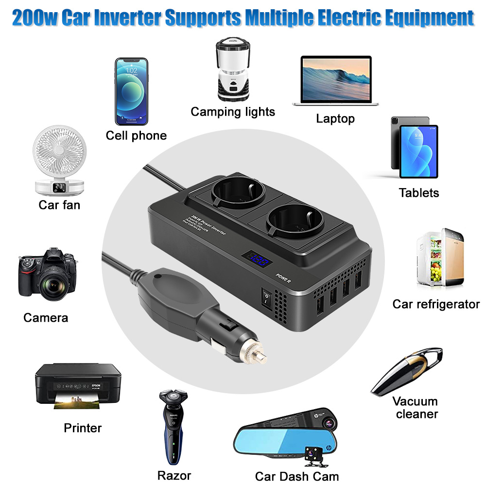 Hot-selling European car inverter 200W 12V to 220V, 2 sockets, 4USB ports, essential for travel Application Scenario